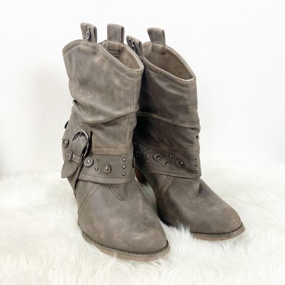 Not Rated 8.5 Womens Brown Faux Leather Buckle Stack Heeled Western Booties - Picture 1 of 9